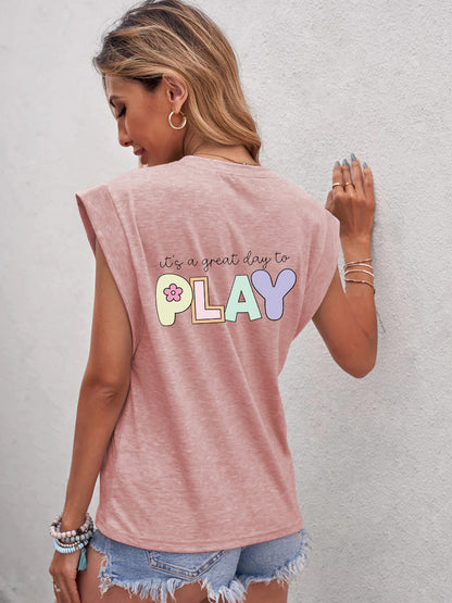 Full Size Letter Graphic Round Neck Cap Sleeve T-Shirt-Jewearrings