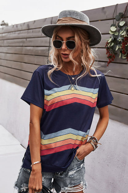 Multicolored Chevron Stripe Round Neck Side Slit T-Shirt-Jewearrings