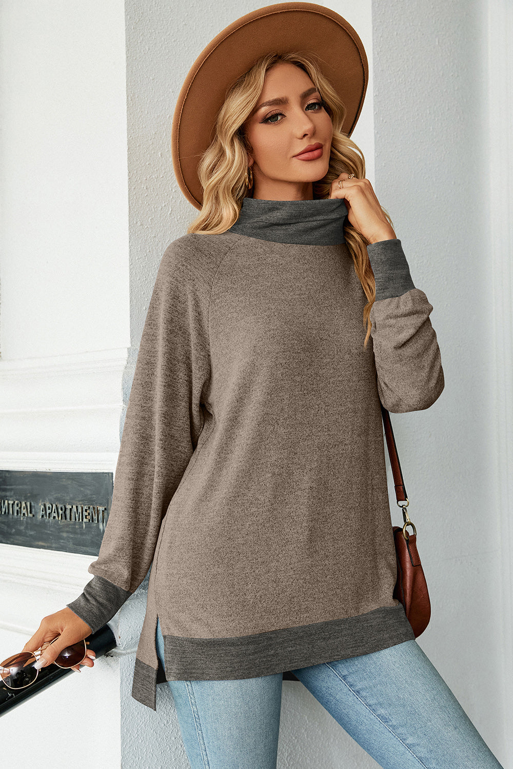 Slit Mock Neck Long Sleeve T-Shirt-Jewearrings