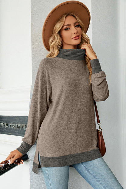 Slit Mock Neck Long Sleeve T-Shirt-Jewearrings