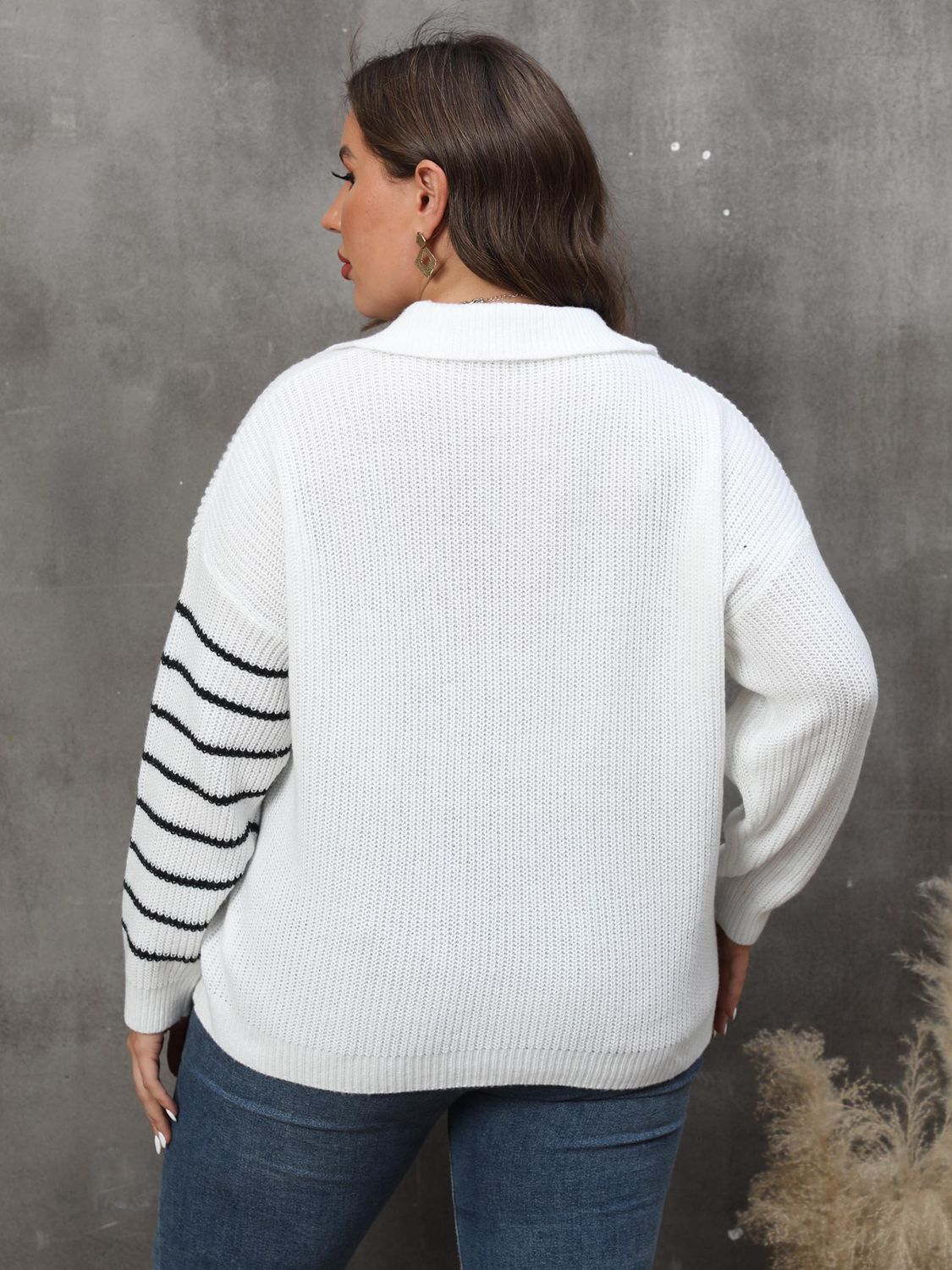 Plus Size Striped V-Neck Sweater-Jewearrings