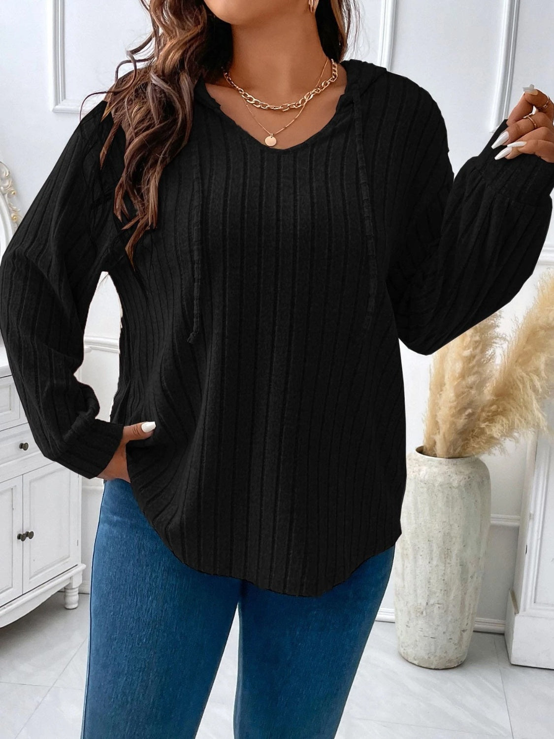 Plus Size Drawstring Dropped Shoulder Hooded T-Shirt-Jewearrings