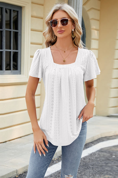 Eyelet Square Neck Short Sleeve T-Shirt-Jewearrings