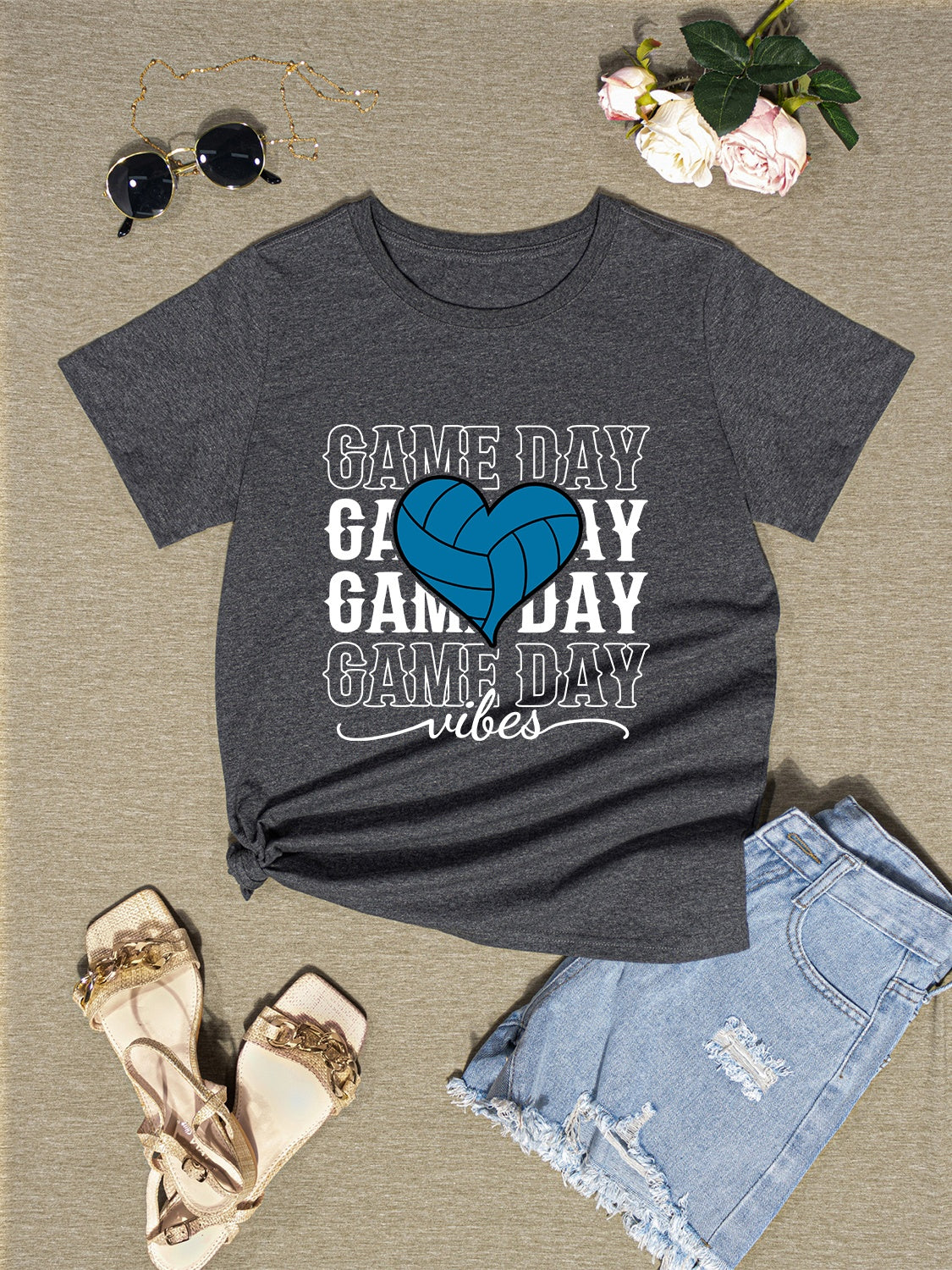 GAME DAY VIBES Round Neck Short Sleeve T-Shirt-Jewearrings