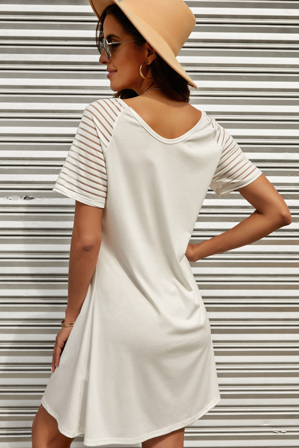 Sheer Striped Raglan Sleeve T-Shirt Dress-Jewearrings