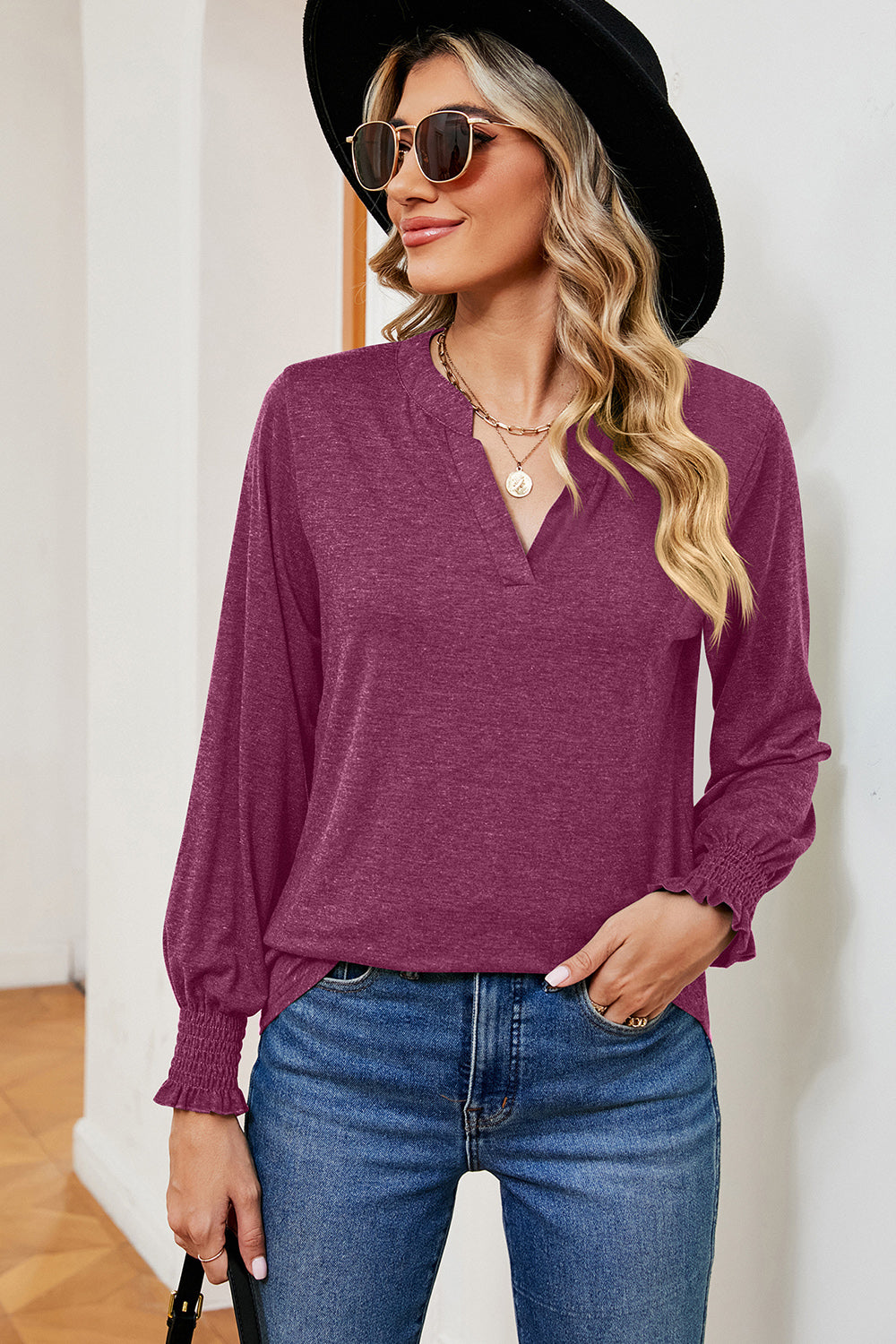 Smocked Notched Long Sleeve T-Shirt-Jewearrings