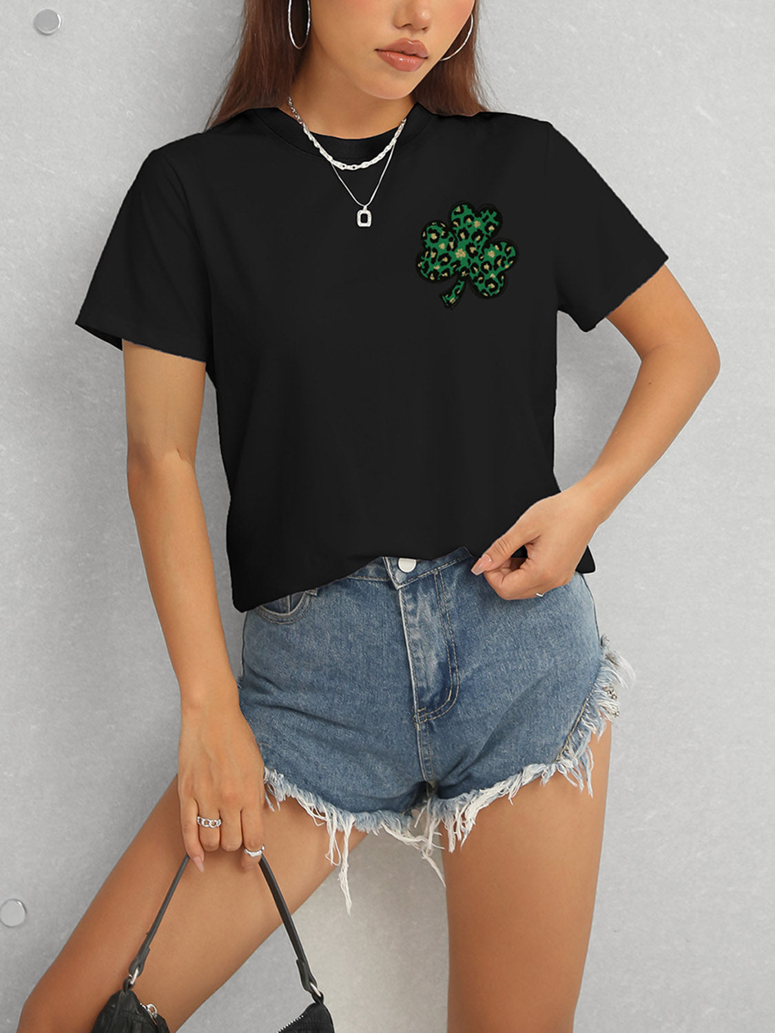 Lucky Clover Round Neck Short Sleeve T-Shirt-Jewearrings