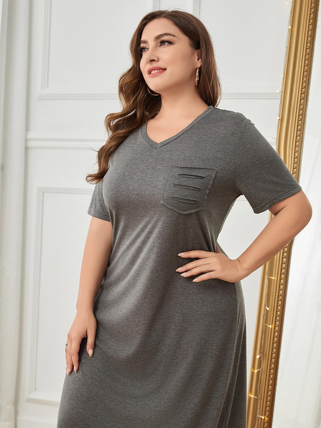 Plus Size Pocketed V-Neck Short Sleeve Lounge Dress-Jewearrings