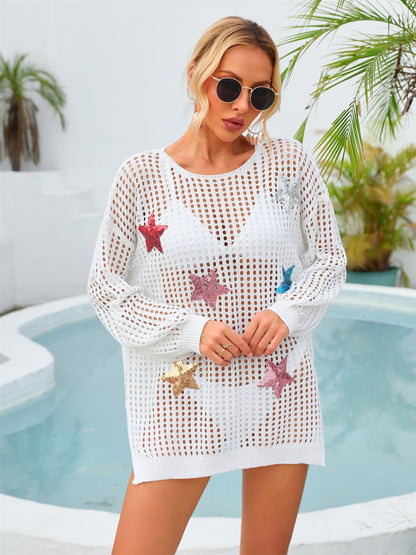 Sequin Star Round Neck Long Sleeve Cover Up-Jewearrings