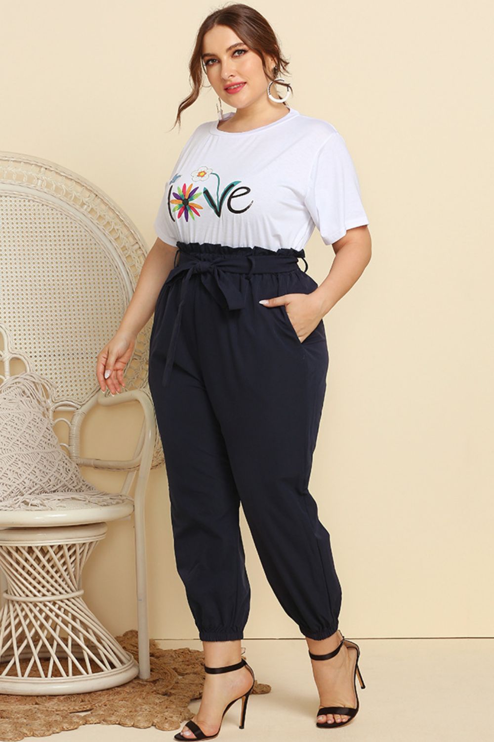 Graphic Tee and Belted Paperbag Joggers Set-Jewearrings