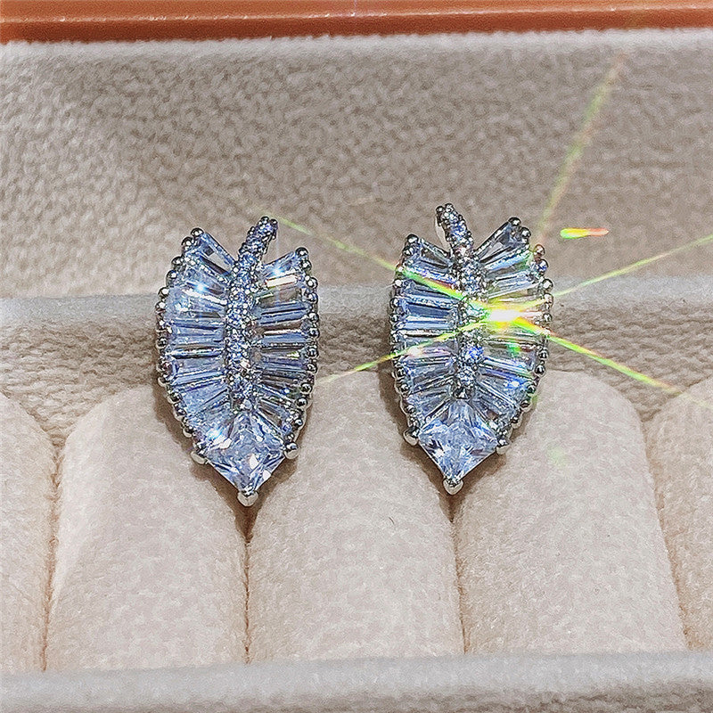 Delicate Leaf Shaped Brass And Zircon Stud Earrings For Women-Jewearrings