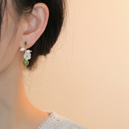 Female S925 Silver Needle Natural Hetian Jade Flower Earrings-Jewearrings