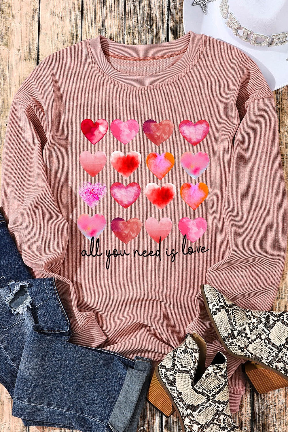 ALL YOU NEED IS LOVE Heart Round Neck Sweatshirt-Jewearrings