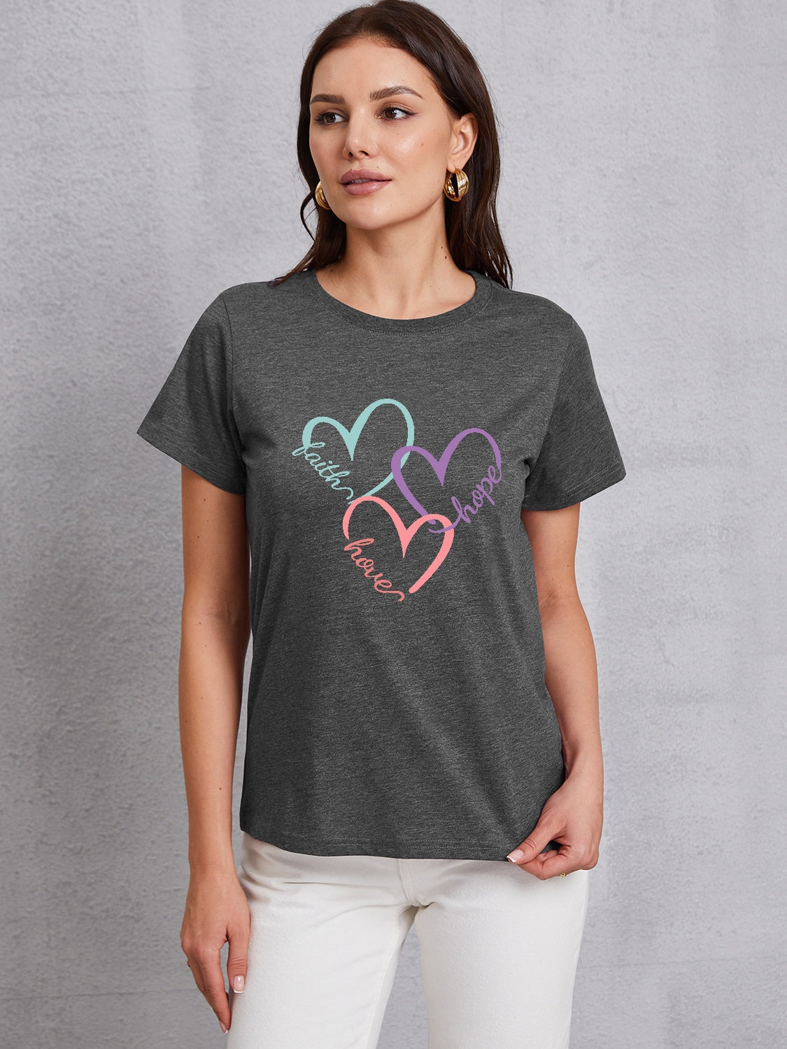 Heart Round Neck Short Sleeve T-Shirt-Jewearrings