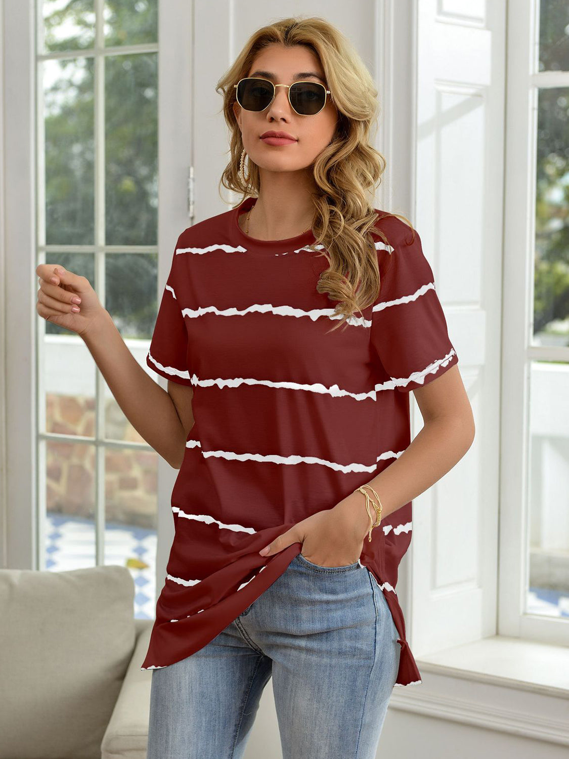 Striped Round Neck Short Sleeve T-Shirt-Jewearrings