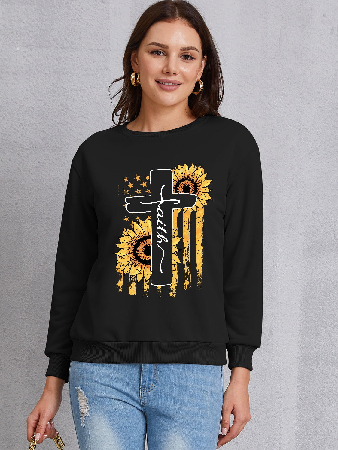 Sunflower Round Neck Dropped Shoulder Sweatshirt-Jewearrings