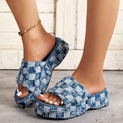 Plaid PU Leather Platform Sandals-Jewearrings