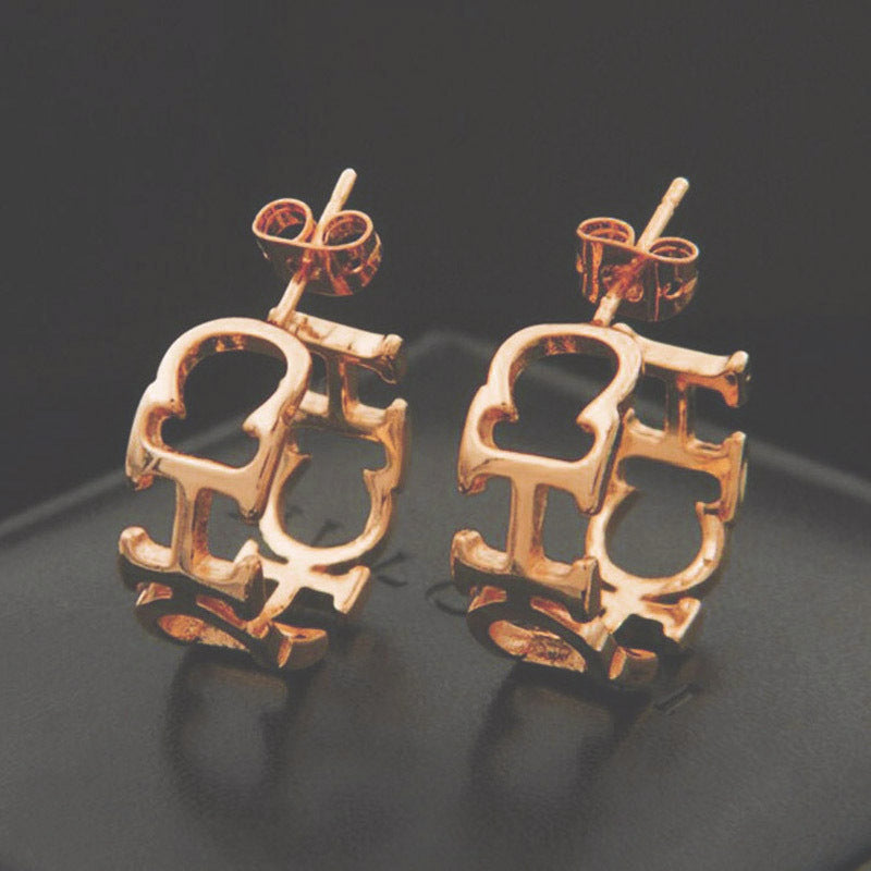 Ladies Fashion CHC Golden Letter Stud Earrings-Jewearrings