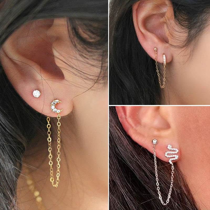 Geometric U-shaped Ear Clip Moon Snake-shaped Earrings-Jewearrings