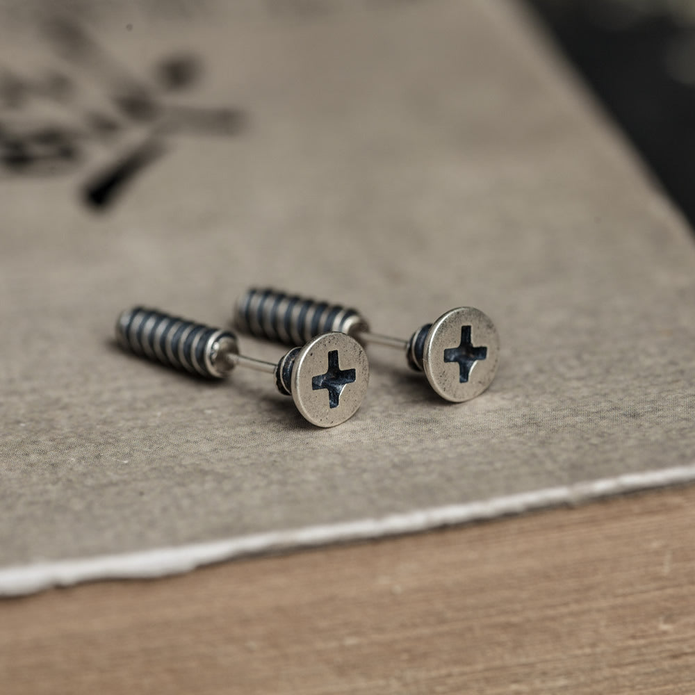 Thai Silver Punk Hip Hop Style Street Screw Stud Earrings-Jewearrings