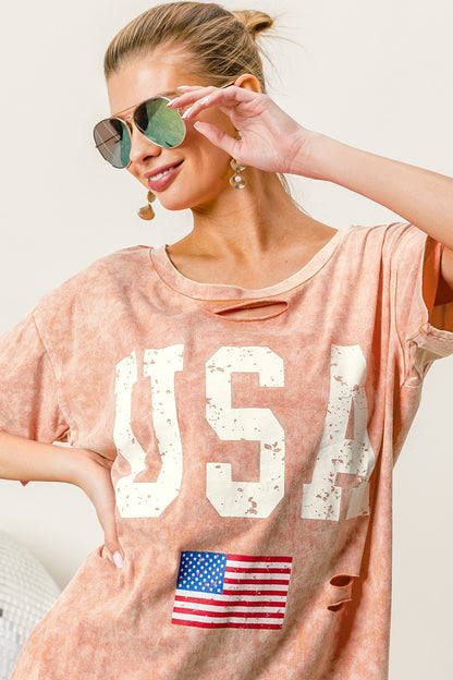 BiBi Washed American Flag Graphic Distressed T-Shirt-Jewearrings