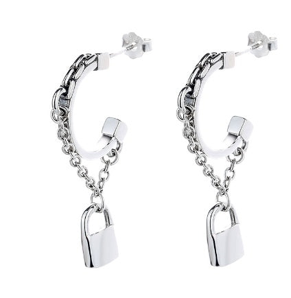 Vintage Style Thai Silver Small Lock Earrings Chain C-shaped Earrings-Jewearrings