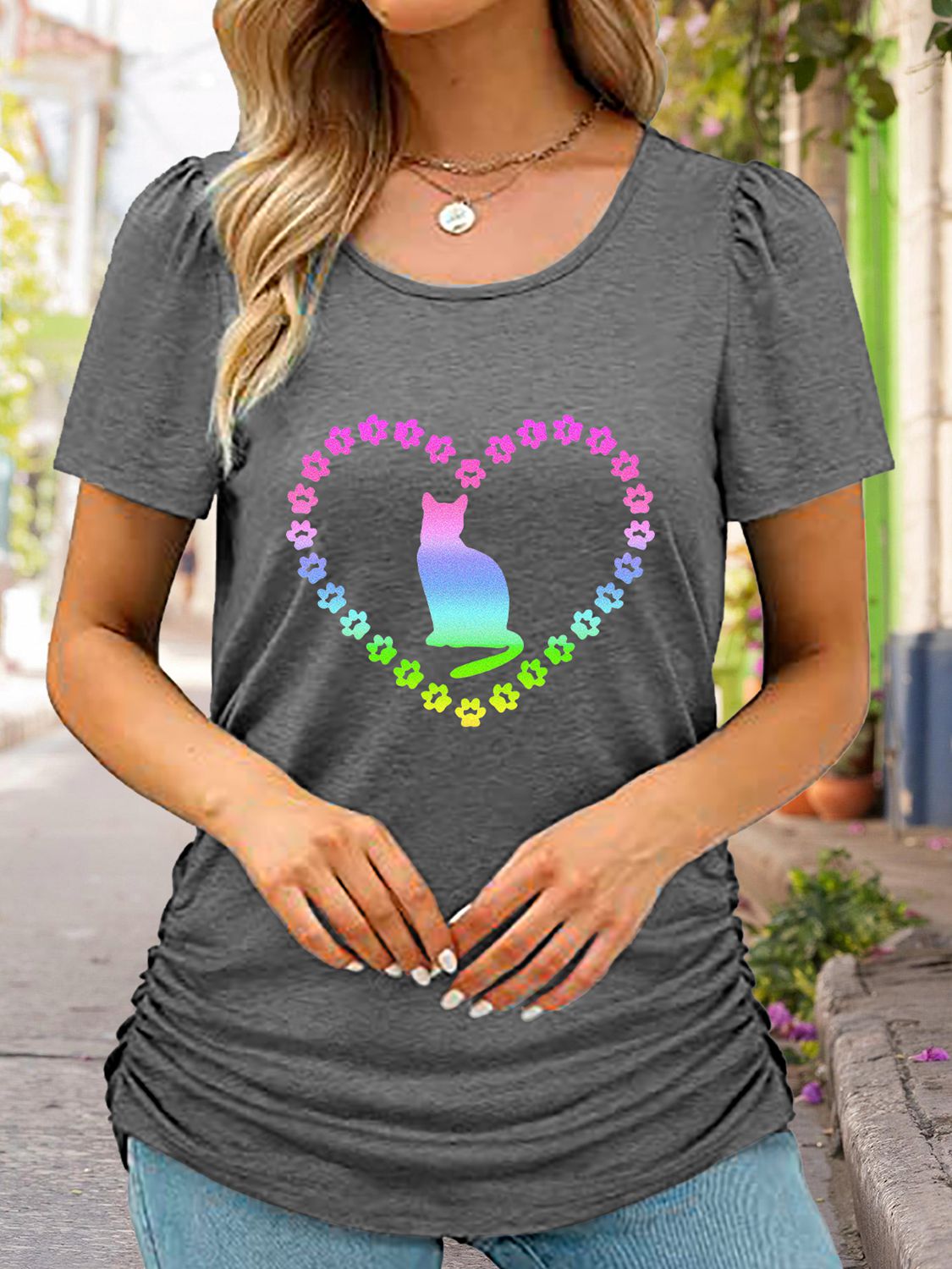 Full Size Cat Heart Graphic Short Sleeve T-Shirt-Jewearrings