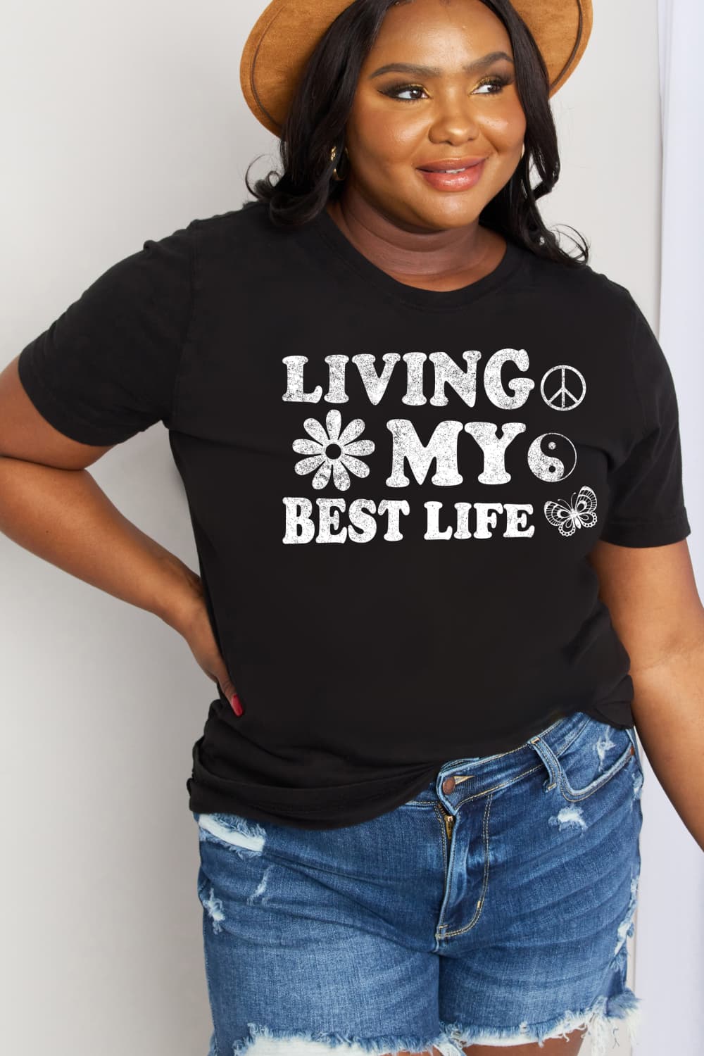 Simply Love Full Size LIVING MY BEST LIFE Graphic Cotton Tee-Jewearrings