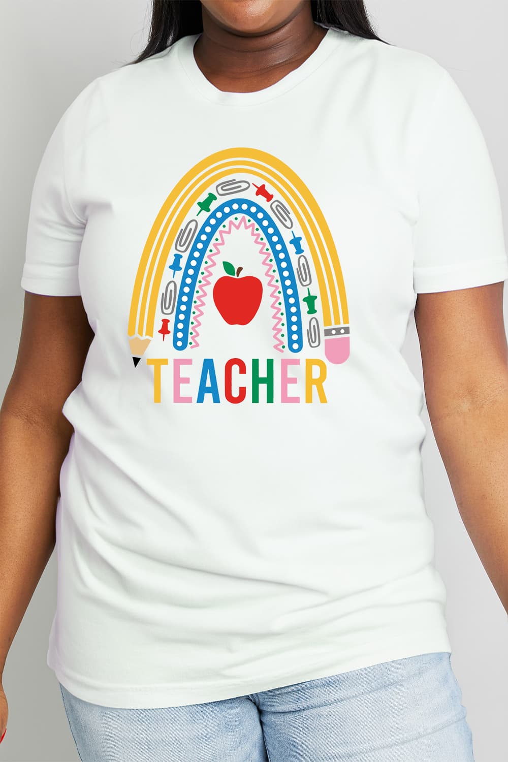 Simply Love Full Size TEACHER Rainbow Graphic Cotton Tee-Jewearrings