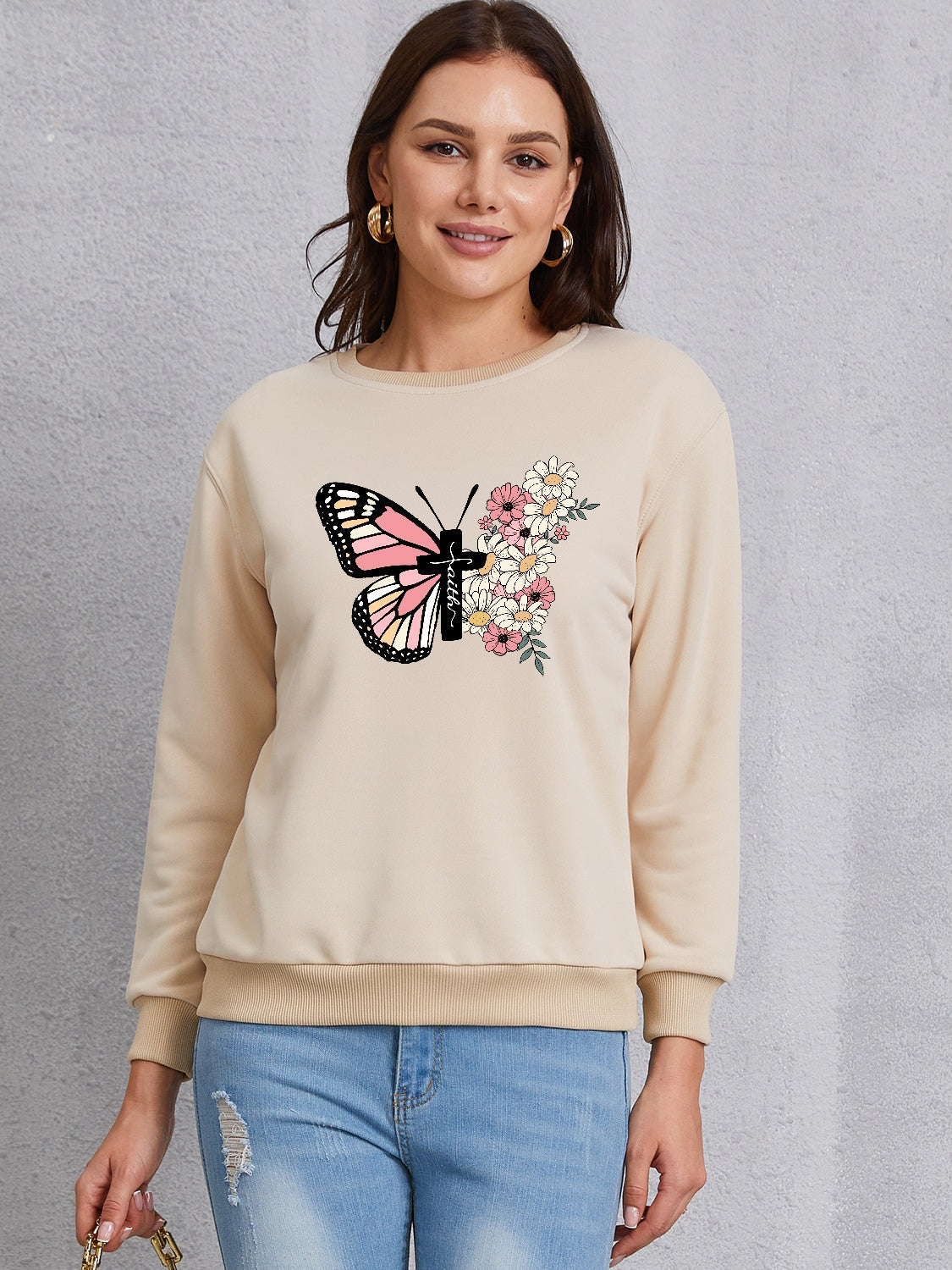 Butterfly Round Neck Dropped Shoulder Sweatshirt-Jewearrings