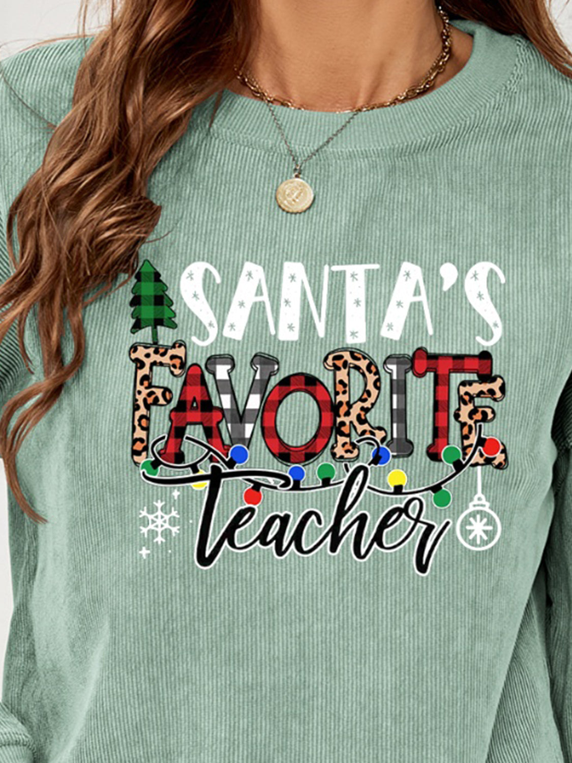 SANTA'S FAVORITE TEACHER Graphic Sweatshirt-Jewearrings