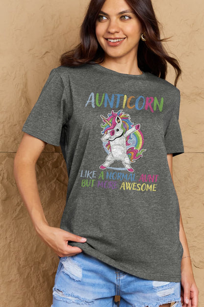 Simply Love Full Size AUNTICORN LIKE A NORMAL AUNT BUT MORE AWESOME Graphic Cotton Tee-Jewearrings