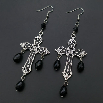 Gothic Black Cross Garnet And Crystal Chandelier Earrings La-Jewearrings