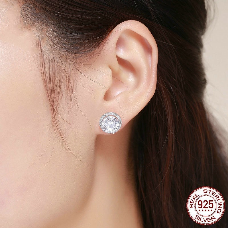 Simple Round S925 Sterling Silver Zircon Stud Earrings-Jewearrings