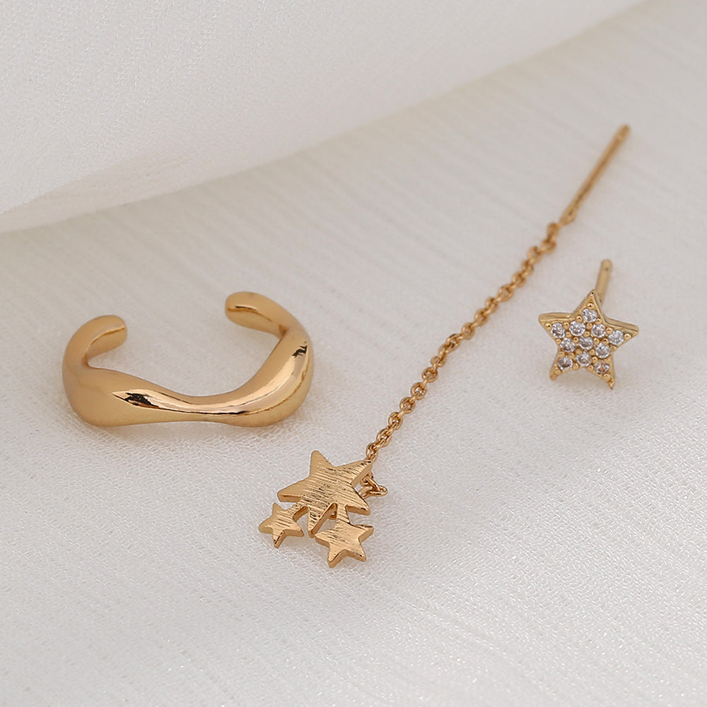 Five-pointed Star Set Ear Clip Stud Copper Micro-zircon Earrings-Jewearrings