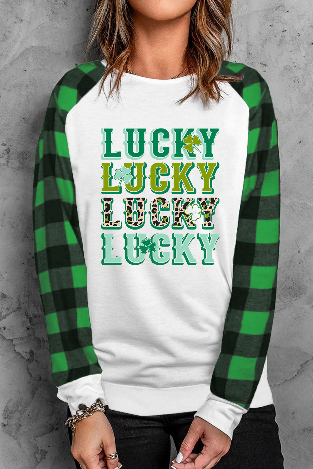 LUCKY Plaid Round Neck Raglan Sleeve T-Shirt-Jewearrings