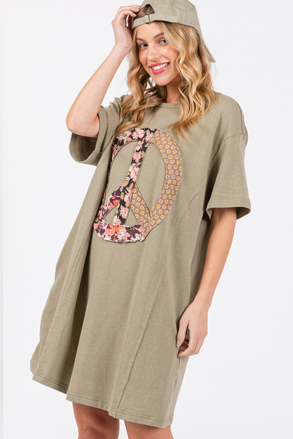 SAGE + FIG Full Size Peace Sign Applique Short Sleeve Tee Dress-Jewearrings