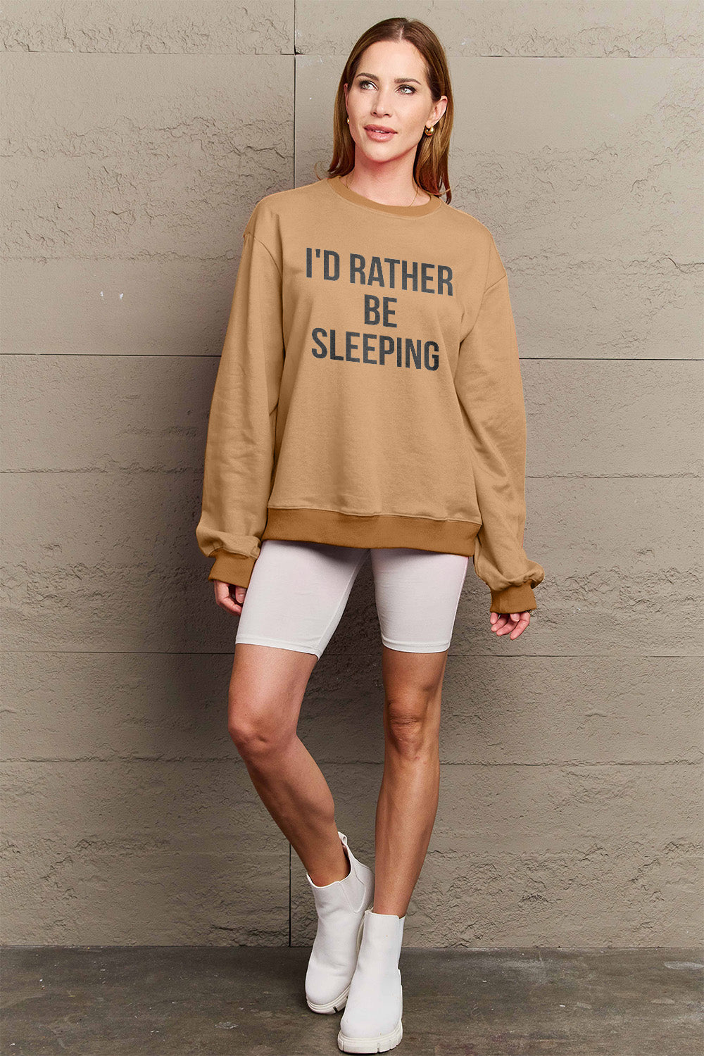 Simply Love Full Size I'D RATHER BE SLEEPING Round Neck Sweatshirt-Jewearrings