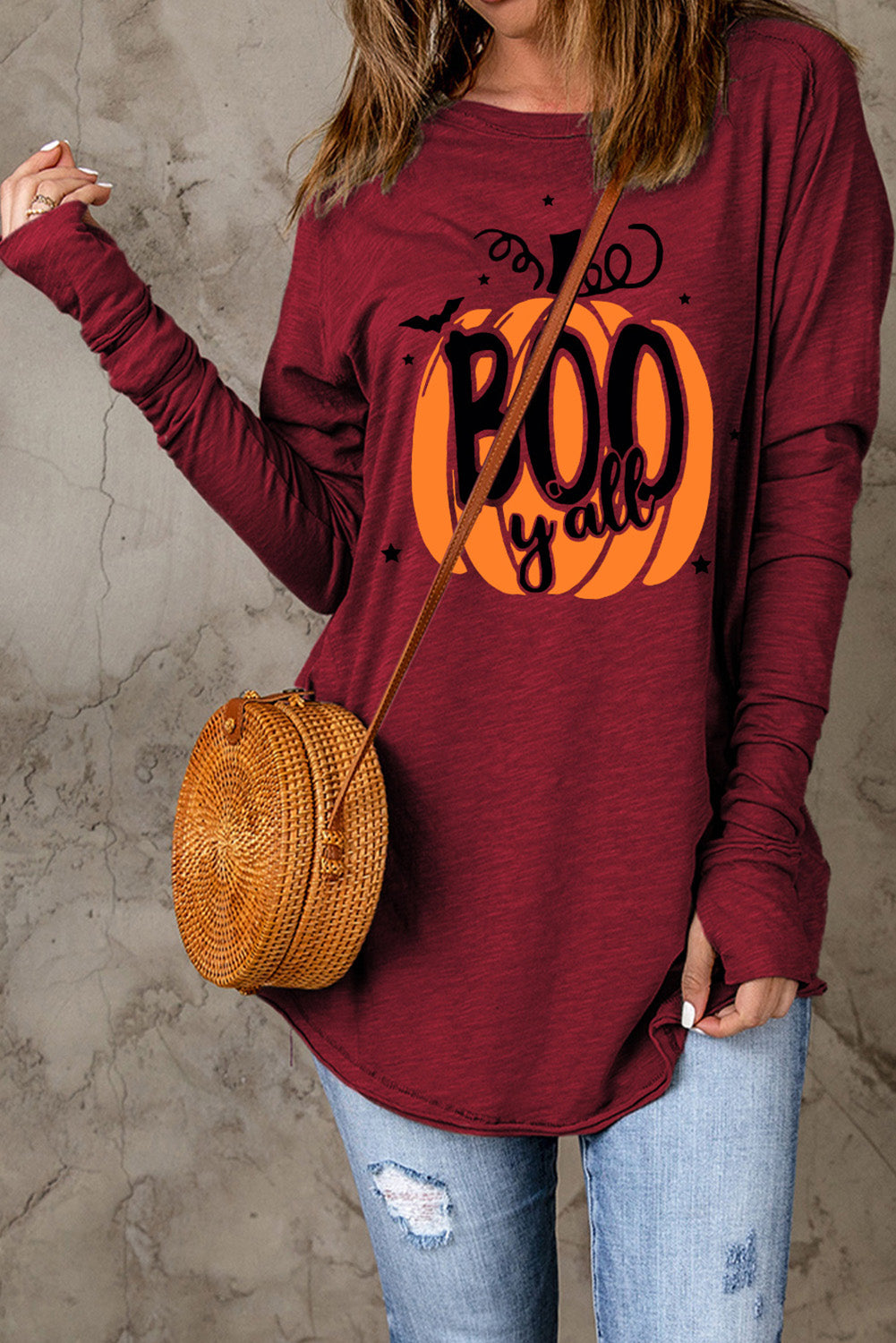 Pumpkin Graphic Thumbhole Sleeve T-Shirt-Jewearrings