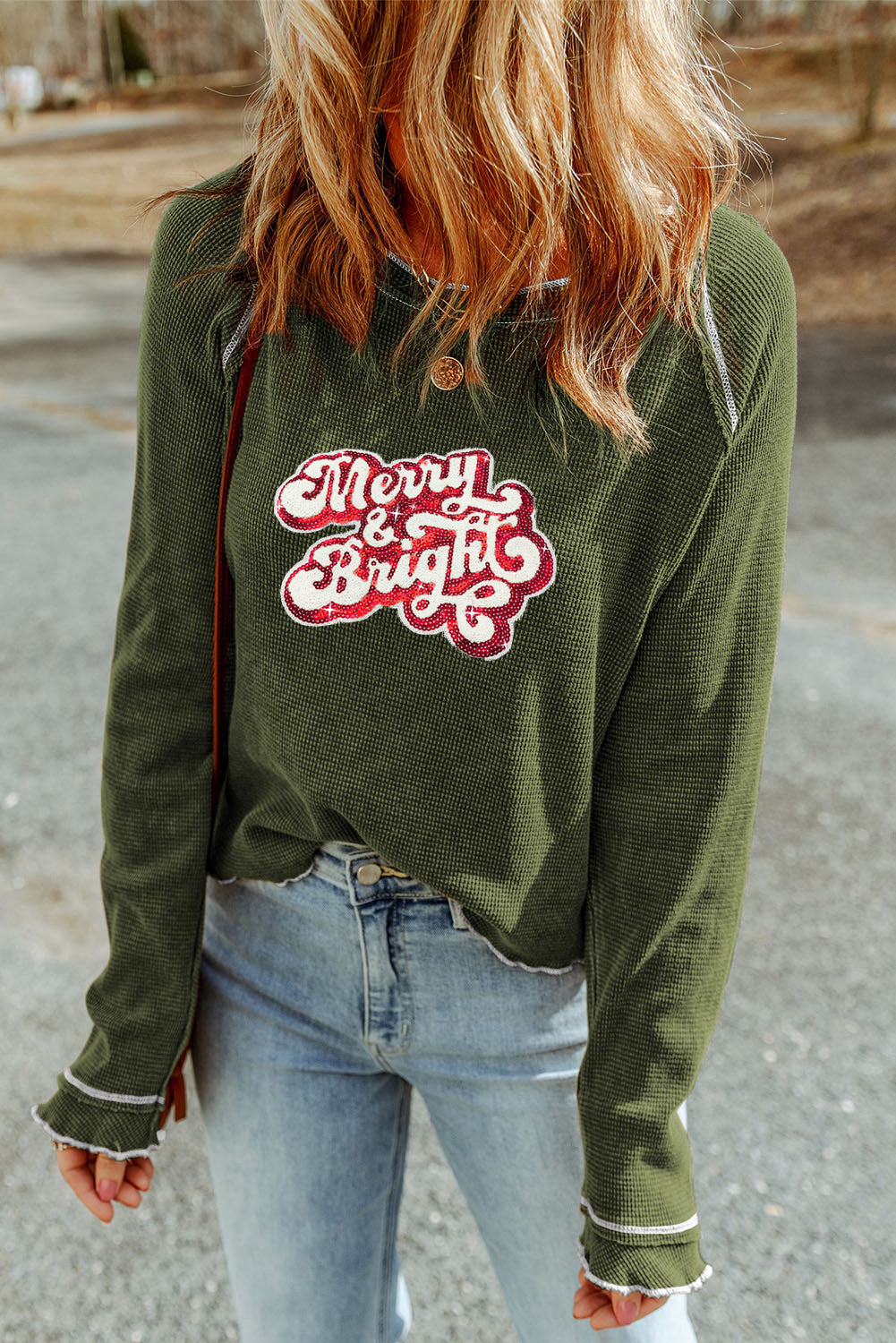 MERRY & BRIGHT Sequin Waffle-Knit T-Shirt-Jewearrings