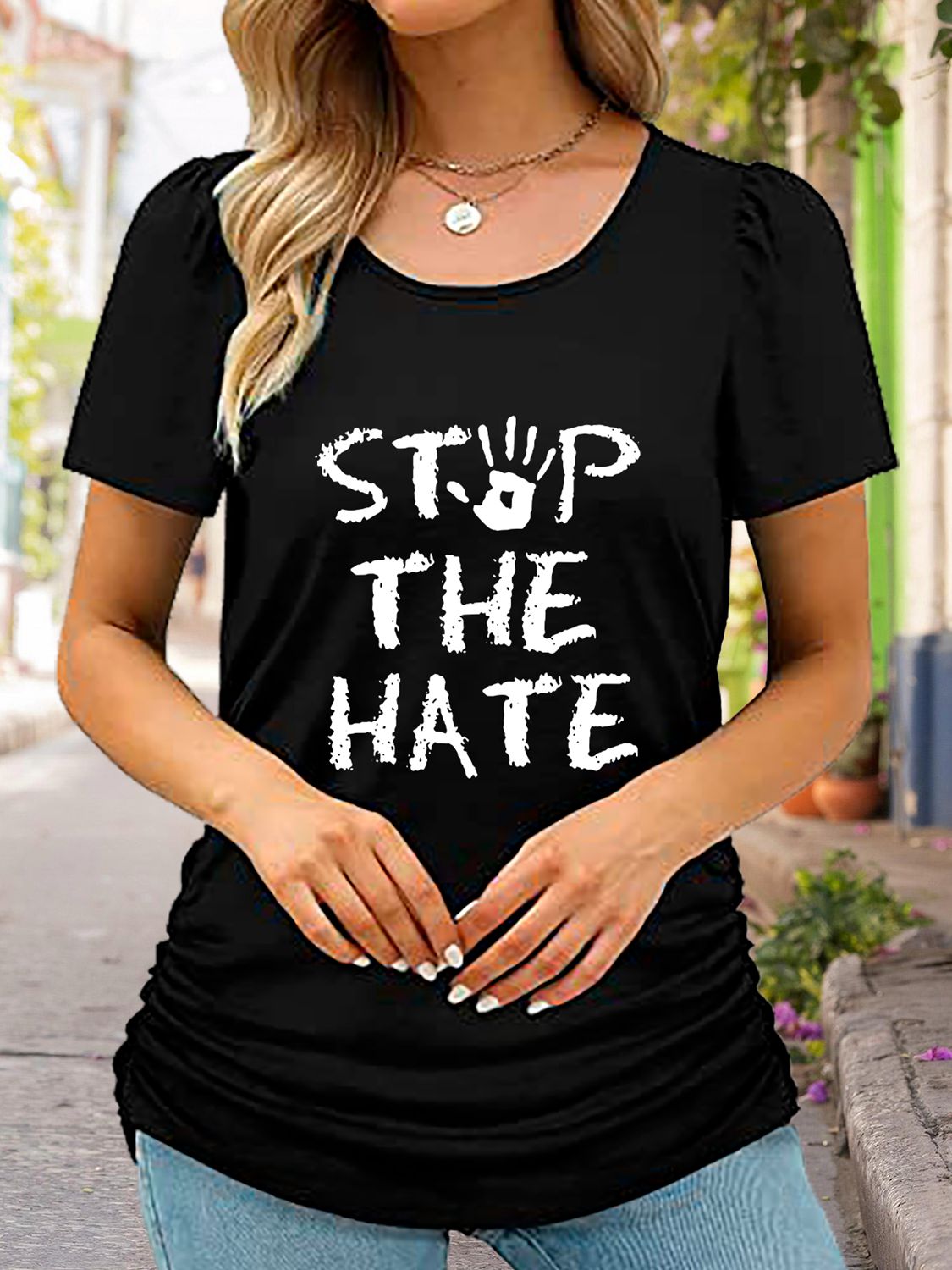 Round Neck Short Sleeve STOP THE HATE Graphic T-Shirt-Jewearrings