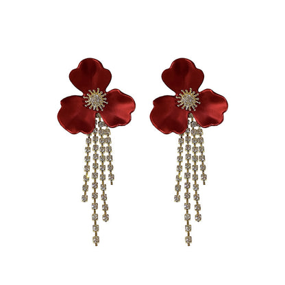 Women's Fashion Ethnic Red Tassel Silver Stud Earrings-Jewearrings