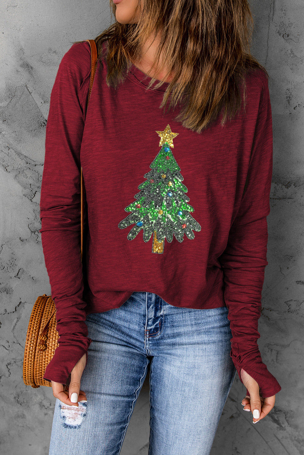 Sequin Christmas Tree Long Sleeve T-Shirt-Jewearrings