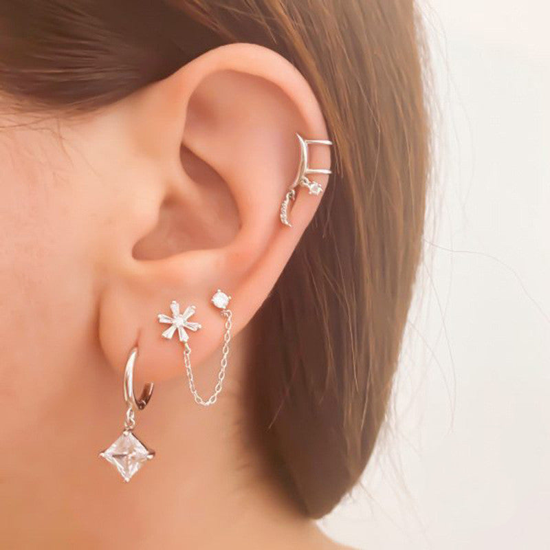 Sterling Silver Geometric Floral Chain Tassel Solitaire Stud Earrings-Jewearrings