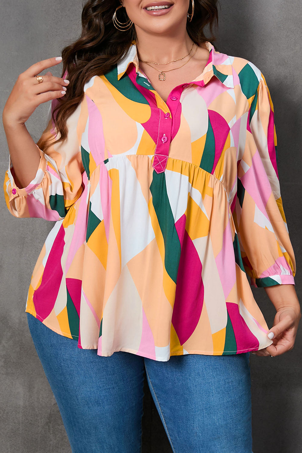 Plus Size Printed Collared Neck Half Button Top-Jewearrings