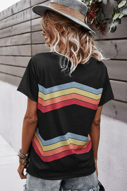 Multicolored Chevron Stripe Round Neck Side Slit T-Shirt-Jewearrings