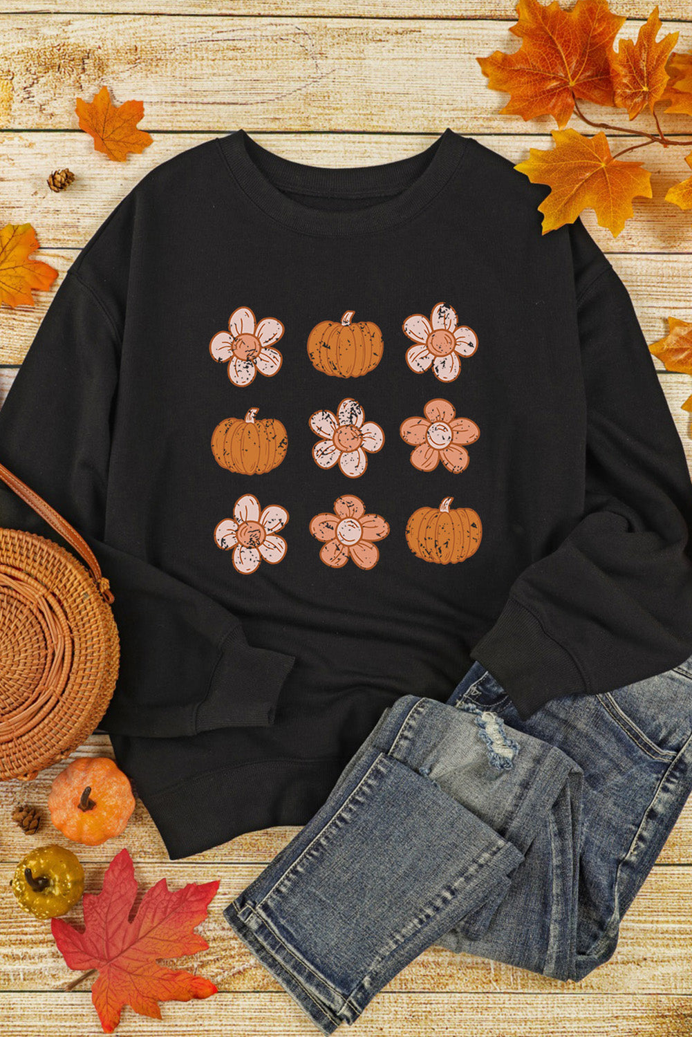 Simply Love Round Neck Long Sleeve Pumpkin & Flower Graphic Sweatshirt-Jewearrings