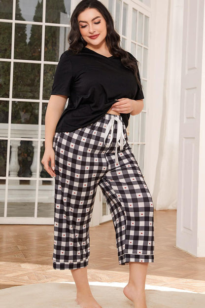 V-Neck Tee and Plaid Cropped Pants Lounge Set-Jewearrings