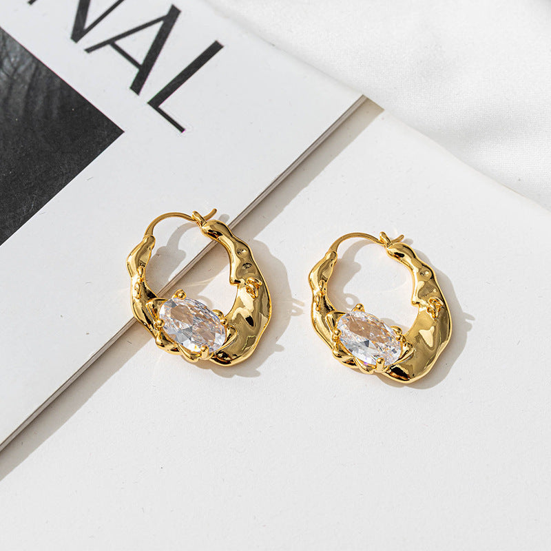 Zircon Irregular Brass Electroplated Real Gold Ear Clip Small High Sense Retro French Earrings-Jewearrings