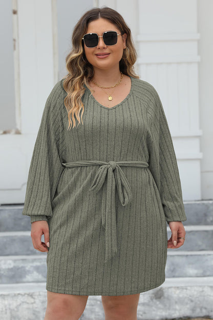 Plus Size Ribbed Tie Front Long Sleeve Sweater Dress-Jewearrings